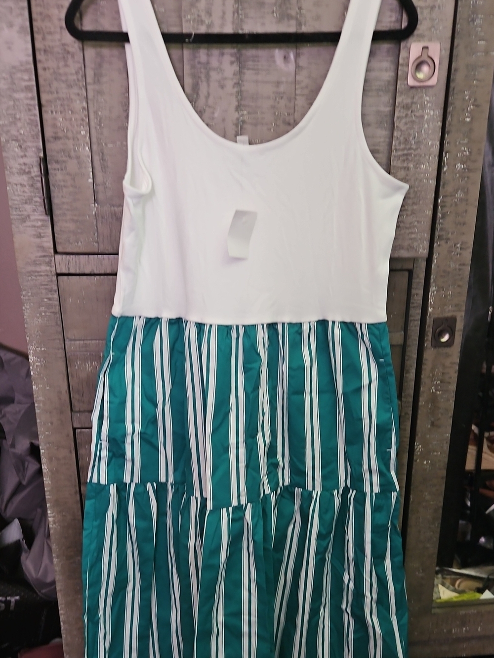 J. Crew White Tank Dress with Teal and White Striped Midi Skirt